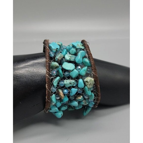 Chunky Turquoise Open Cuff Bracelet Wire Stitched Stones Handcrafted Size 7.5" - Picture 9 of 16